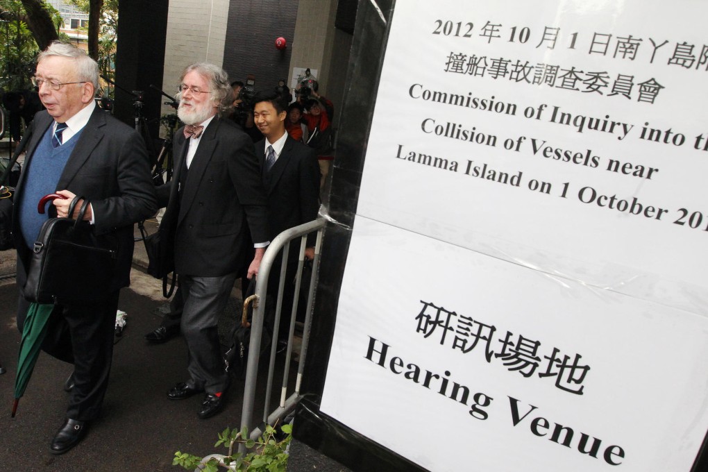 Clive Grossman, left, representing Hongkong Electric and the crew of Lamma IV, at the start of the inquiry yesterday. Photo: Felix Wong