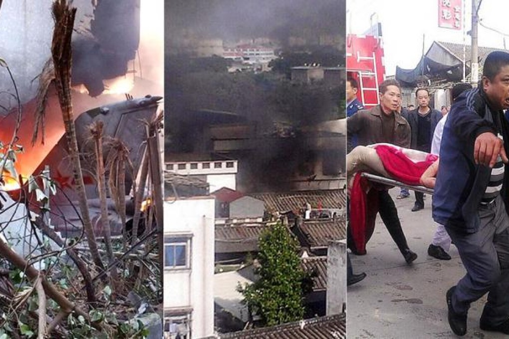 The tailfin of the crashed PLA fighter jet, silhouetted by flames; smoke (centre) rises over Jinping; right, a victim of the crash is carried away on a stretcher. Photos: SCMP