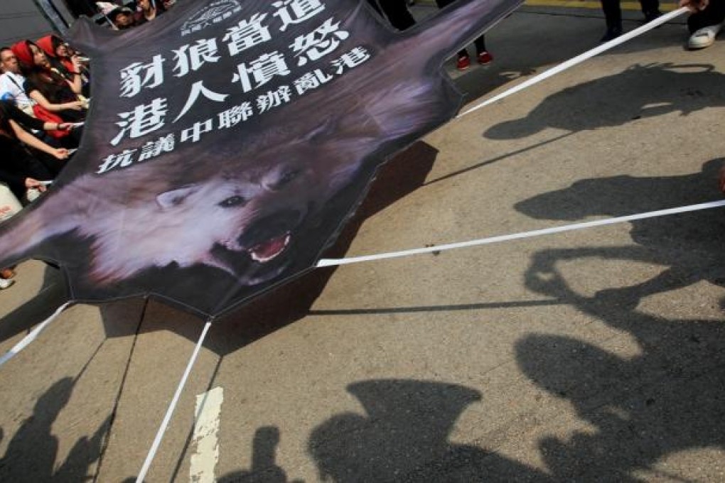 Pan-democrats protest against Chief Executive elect Leung Chun-ying and urge for universal suffrage. Photo: Nora Tam