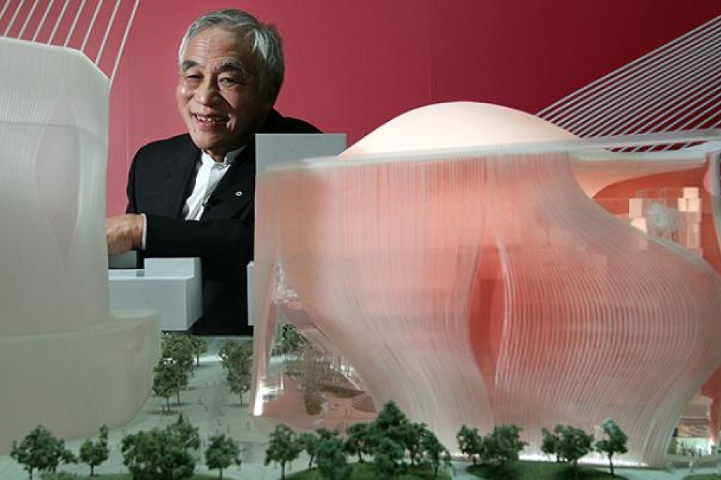 Bing Thom poses on Monday with a model of Xiqu Centre for Chinese opera planned for the West Kowloon arts hub. Photo: Sam Tsang
