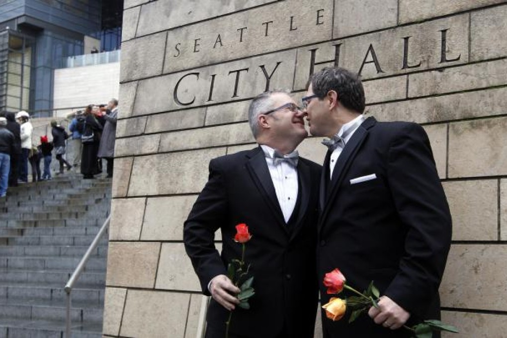 Terry Gilbert and Paul Beppler get hitched in Seattle. Photo: AP
