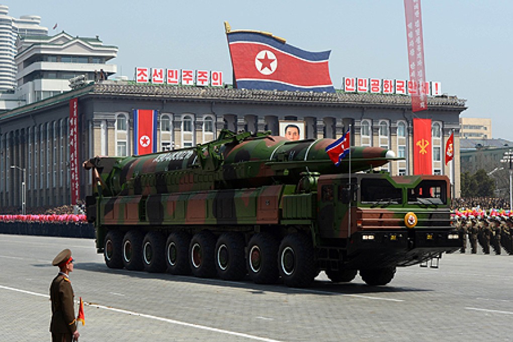 What is believed to be a Taepodong-class missile is on display at a parade in April. Photo: AFP