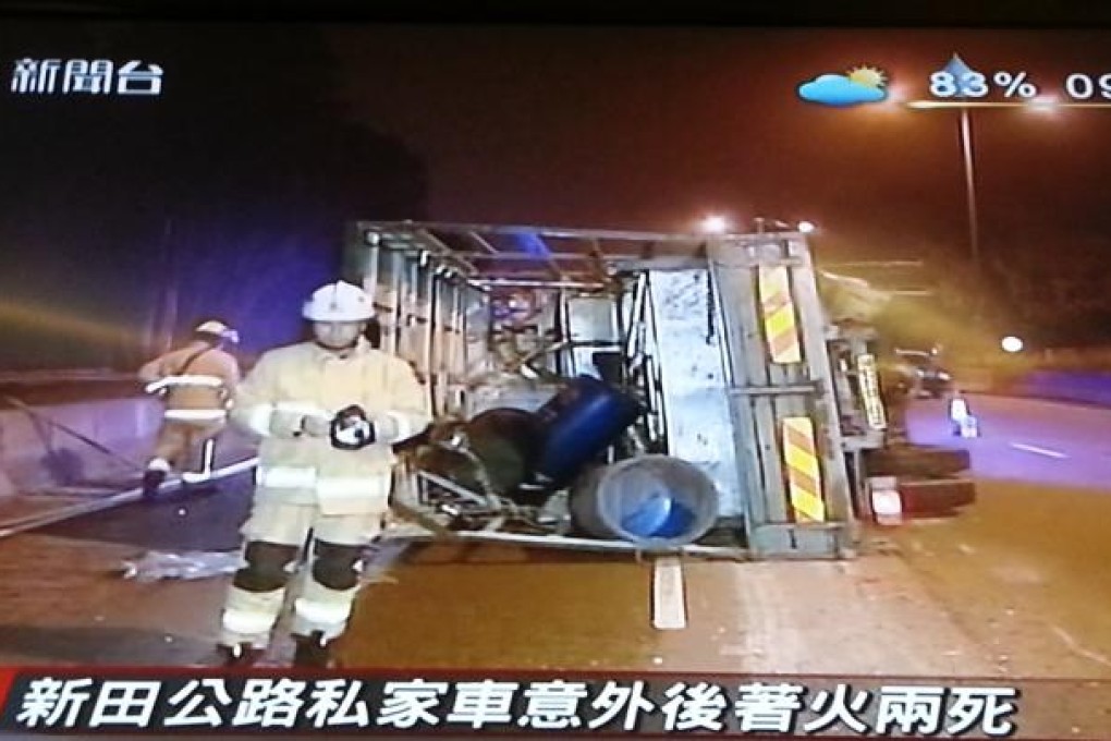 Two people were killed after a private car collided with a truck in the Yuen Long area early Saturday morning. Photo: screenshot from local media