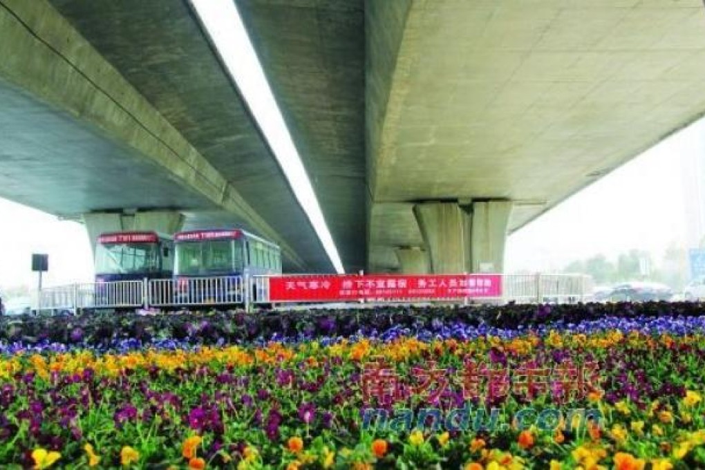 Hundreds of flower pots fill the space beneath an express bridge at the Nongye Road intersection in Zhengzhou. Picture: SCMP Pictures