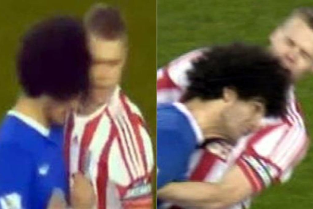 Everton's Marouane Fellaini headbutting Stoke's Ryan Shawcross.