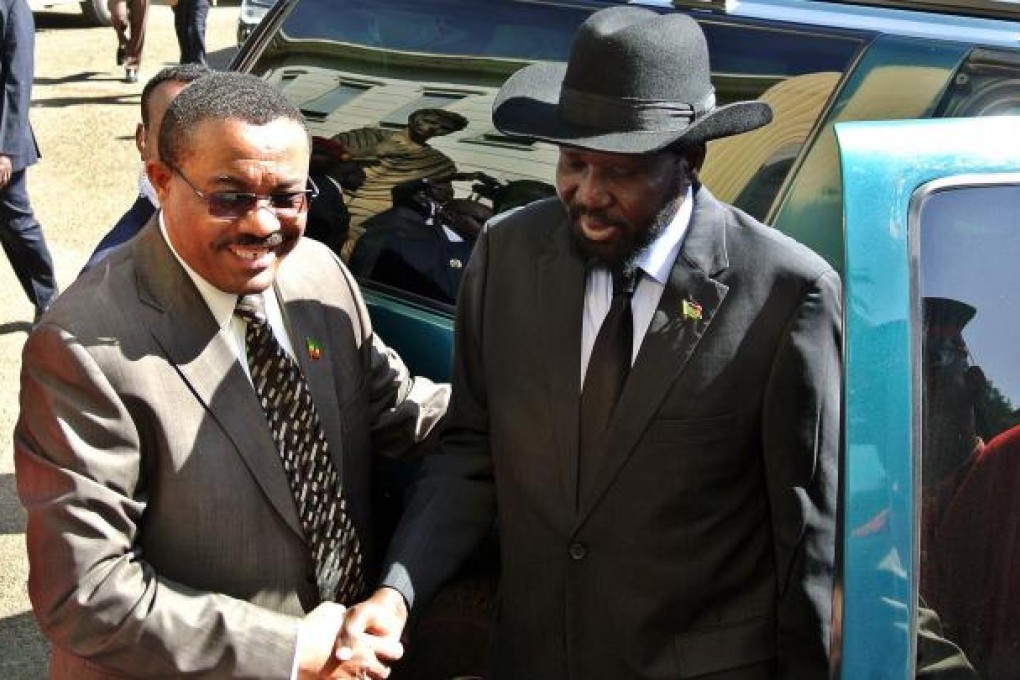 Ethiopian Prime Minister Hailemariam Desalegn (left) greets the President of South Sudan Salva Kiir in Addis Ababa, Ethiopia on Saturday, ahead of a Presidential summit between Kiir and his Sudanese counterpart. Photo: AFP