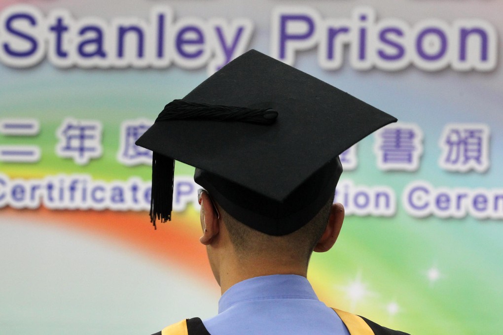 Inmate Kei, 37, received his bachelor’s degree in Stanley Prison yesterday. He was among 97 inmates who were recognised for their academic achievements. Photo: K. Y. Cheng