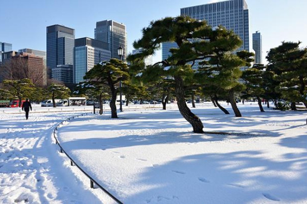 A man walks on a snow covered field at the park in front of the Imperial Palace in Tokyo on Tuesday. Photo: AFP