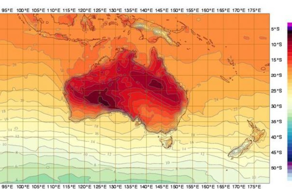 The Bureau of Meteorology added new colours, deep purple and pink, extending its temperature scale from 50 degrees to 54 degrees celsius to reflect the ever-incresing intensity of heat in Australia. Photo: EPA