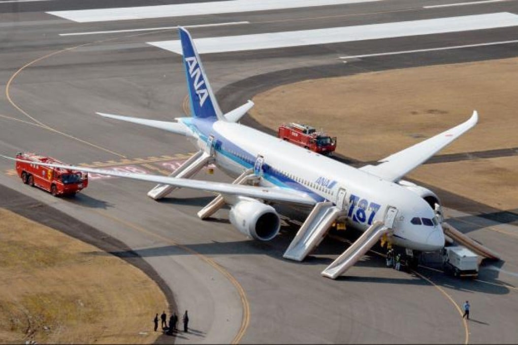 An All Nippon Airways (ANA) Boeing 787 Dreamliner is pictured after an emergency landing at Takamatsu airport on Wednesday. Photo: Reuters