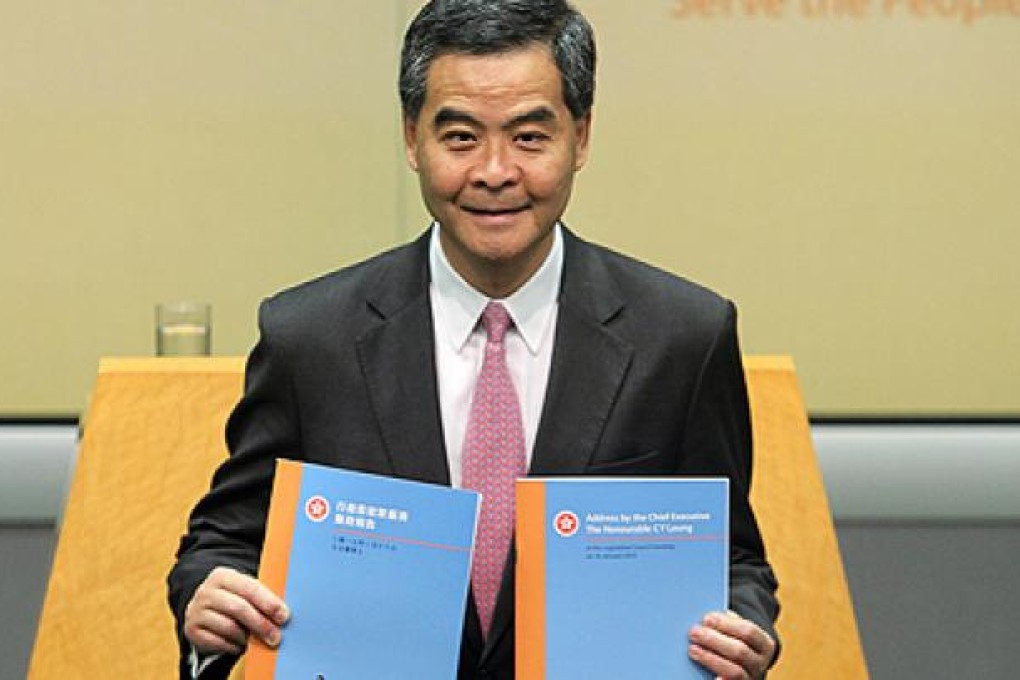 Chief Executive Leung Chun-ying presents his policy blueprint to the media at government headquarters at Tamar in Admiralty on Wednesday.