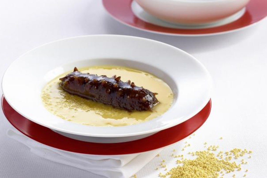 Braised sea cucumber filled with shrimp mousse and shrimp roe sauce at The Chinese Restaurant.