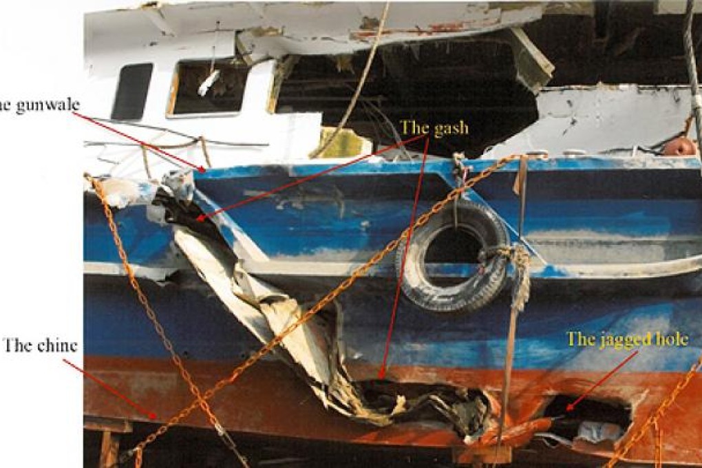 A new photo released by the inquiry commission shows a gash and a jagged hole on the port side hull of Lamma IV. Photo: SCMP Pictures