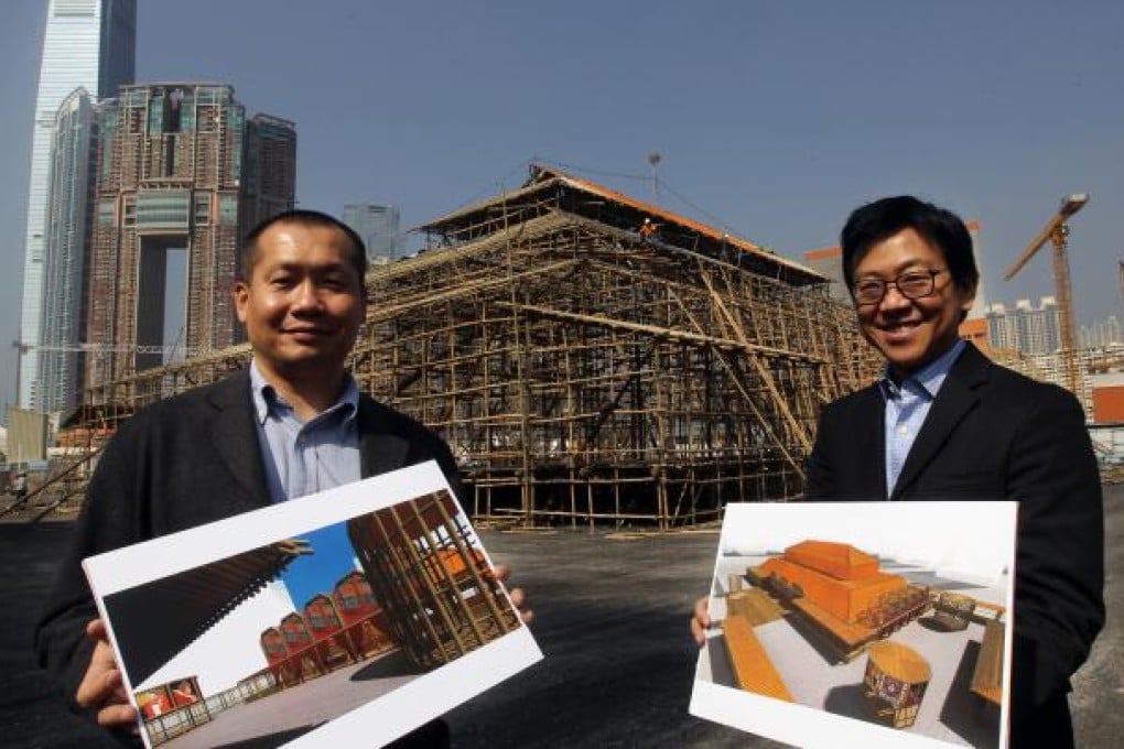 Louis Yu Kwok-lit of the West Kowloon Cultural District Authority and architect Wiliam Lim Ooi-lee in front of the Bamboo Theatre at West Kowloon Cultural District. Photo: Edward Wong