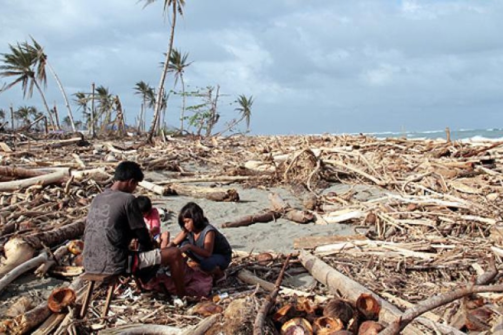 A father and his children collect coconuts among debris swept ashore at the height of Typhoon Bopha. The government is still feeding thousands of homeless survivors and building shelters for them after entire towns were wiped out. Photo: AFP