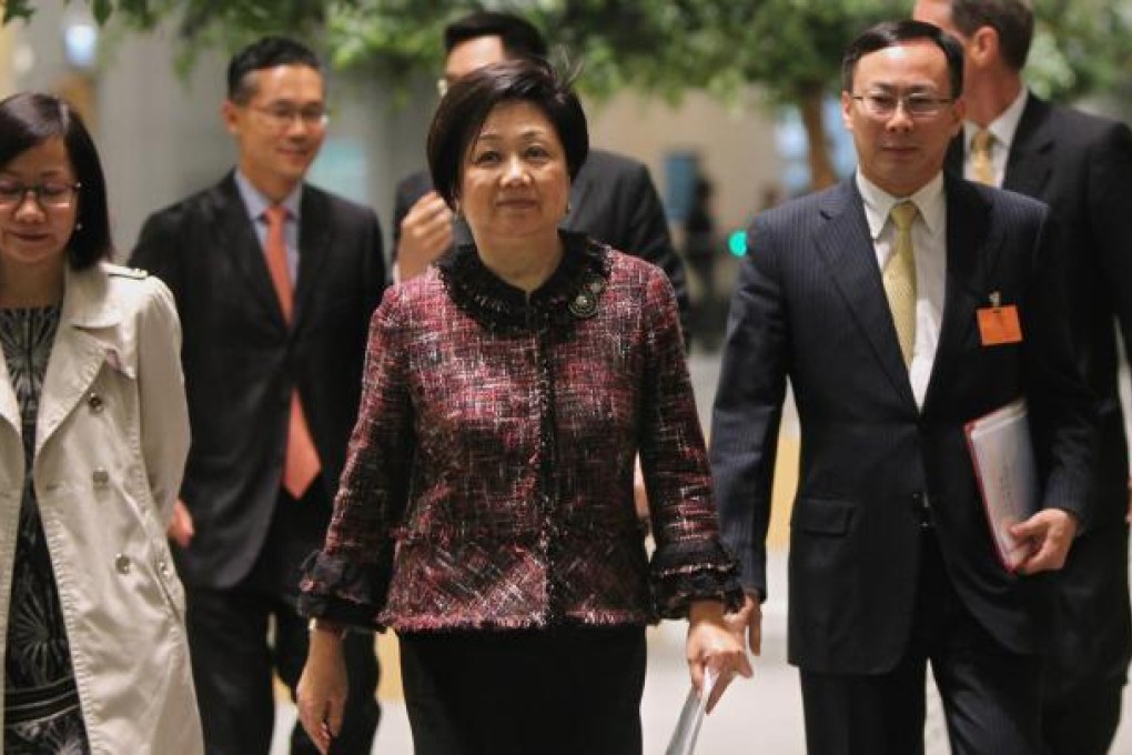 Jeanne Lee Sai-yin (left); Executive Councillor Laura Cha meet the media after the first meeting of Hong Kong's new Financial Services Development Council in government headquarters in Tamar. Photo: David Wong