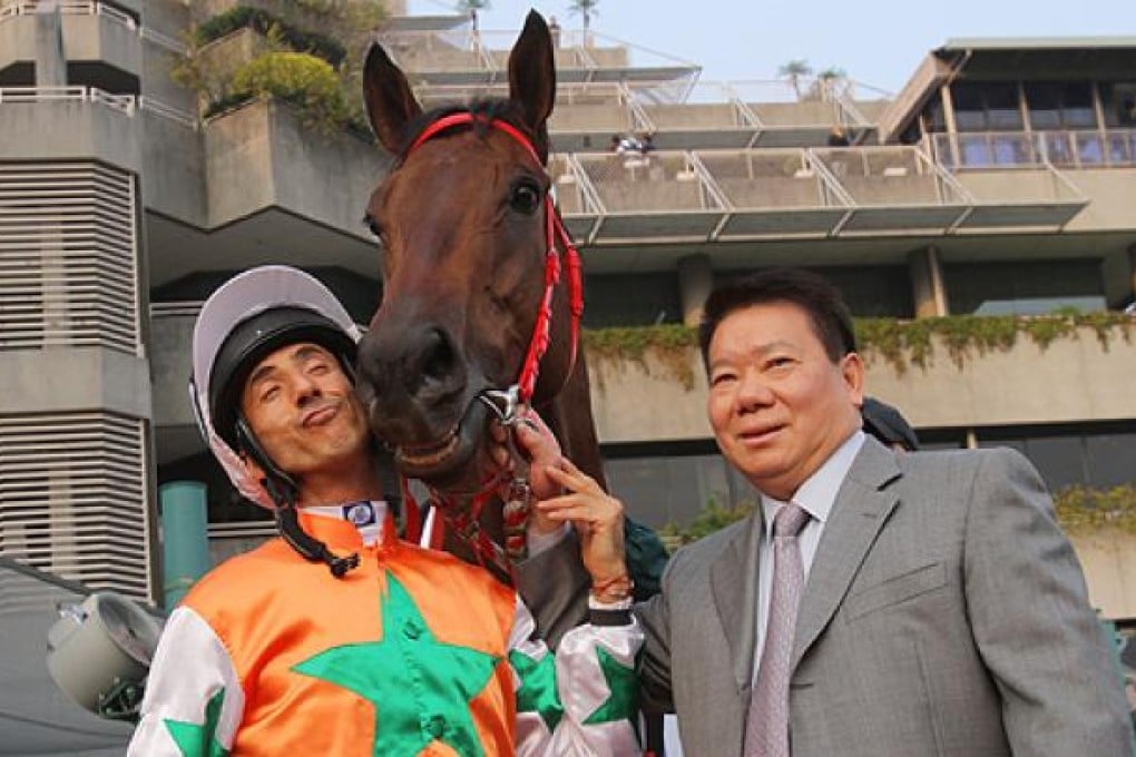 Jockey Olivier Doleuze, sprinter Eagle Regiment and owner Manfred Man Ka-leung live it up after a well-deserved Group One win at Sha Tin on Sunday.  Photo: Kenneth Chan