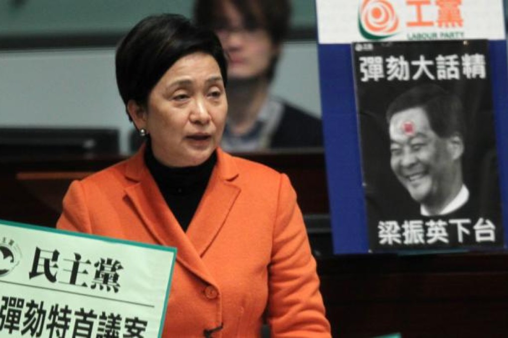 Democratic Party leader Emily Lau Wai-hing used her allotted time during a Legislative Council session with Leung Chun-ying to scold him about democracy rather than challenge him on livelihood problems. Photo: Dickson Lee
