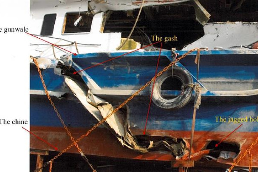 A gash and  jagged hole on the port side hull of Lamma IV. Photo: SCMP PIctures