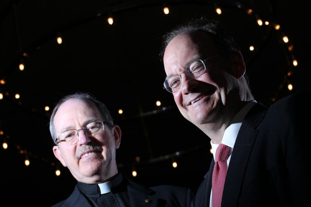 Father Michael Engh, left, and John DeGioia bring their experience of Jesuit universities to Hong Kong. Photo: Nora Tam