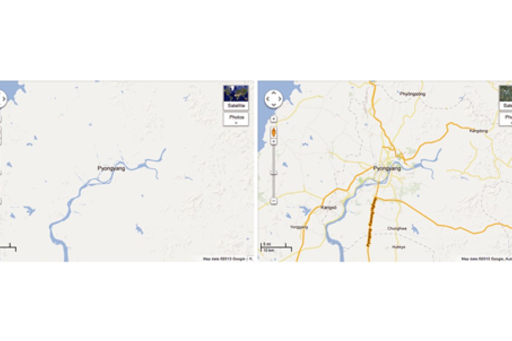 Google's map of North Korea before the update (left) and after (right). Photo: AFP