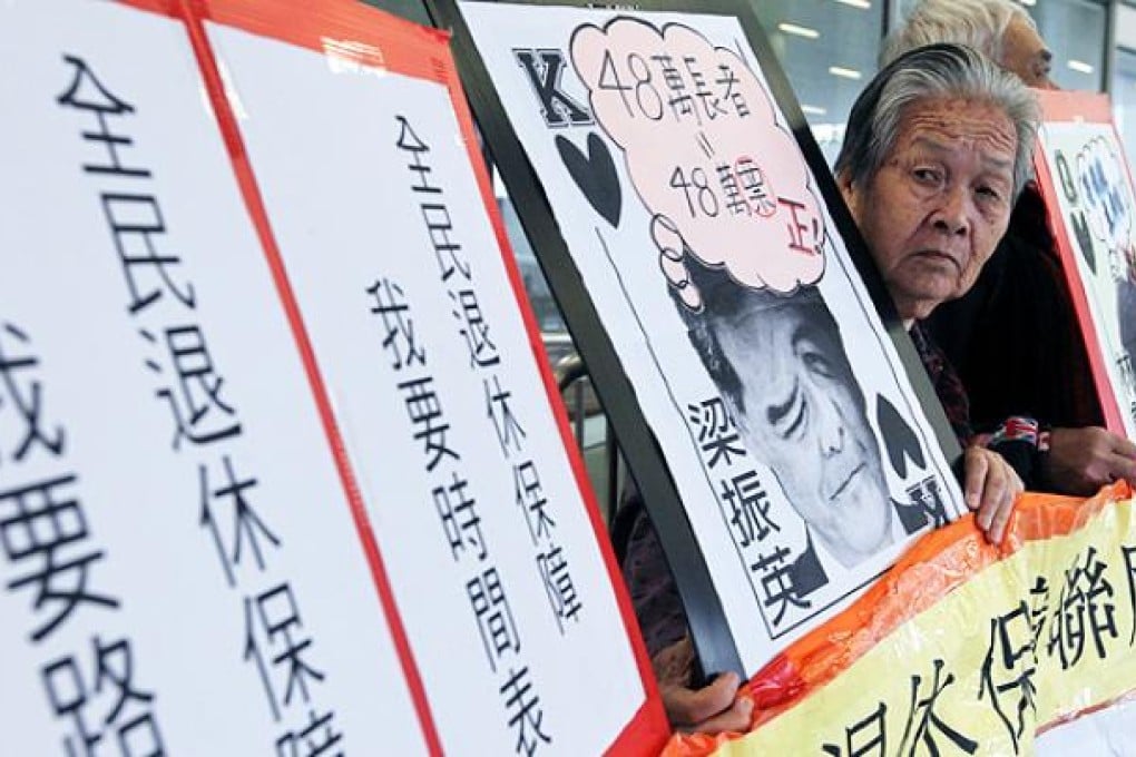 Alliance for Universal Pension members protest at Legco. Photo: Felix Wong