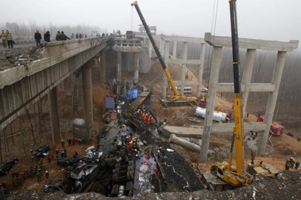The explosion brought down an 80-metre section of the bridge and sent vehicles crashing 30 metres to the ground. Internet users asked how a bridge could be destroyed by fireworks. Photo: SCMP