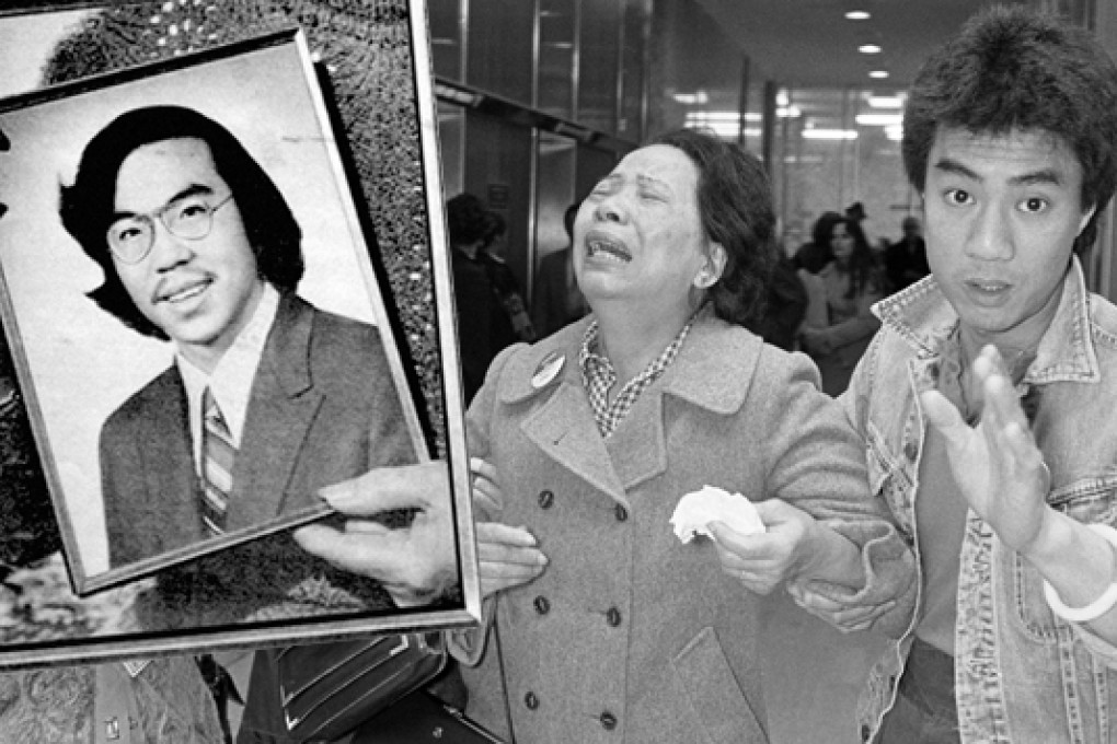 Vincent Chin (insert), whose murder in 1982 brought Asian Americans together; Chin's mother, Lily, breaks down outside the court during the trial of her son's killers. Photo: Corbis