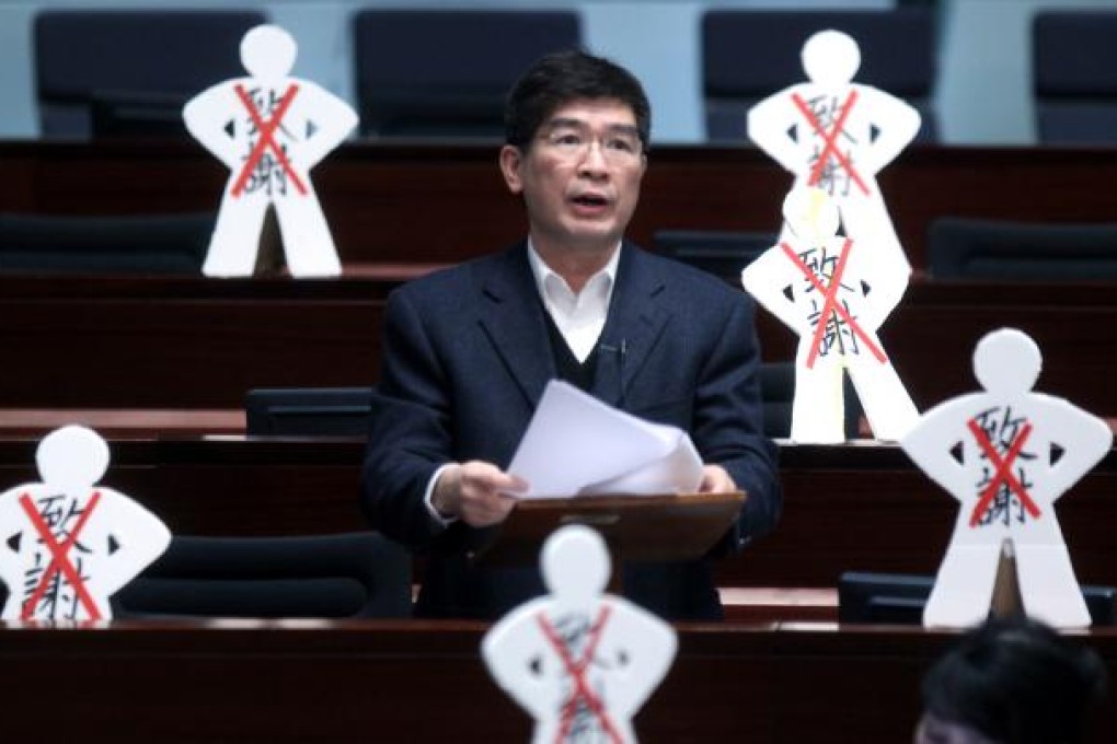 Lawmaker Sin Chung-kai with figures depicting 'no thanks'. Chief executives keep allowing motions of thanks for their policy addresses to be tabled in the legislature only for them to be rejected. Photo: K. Y. Cheng