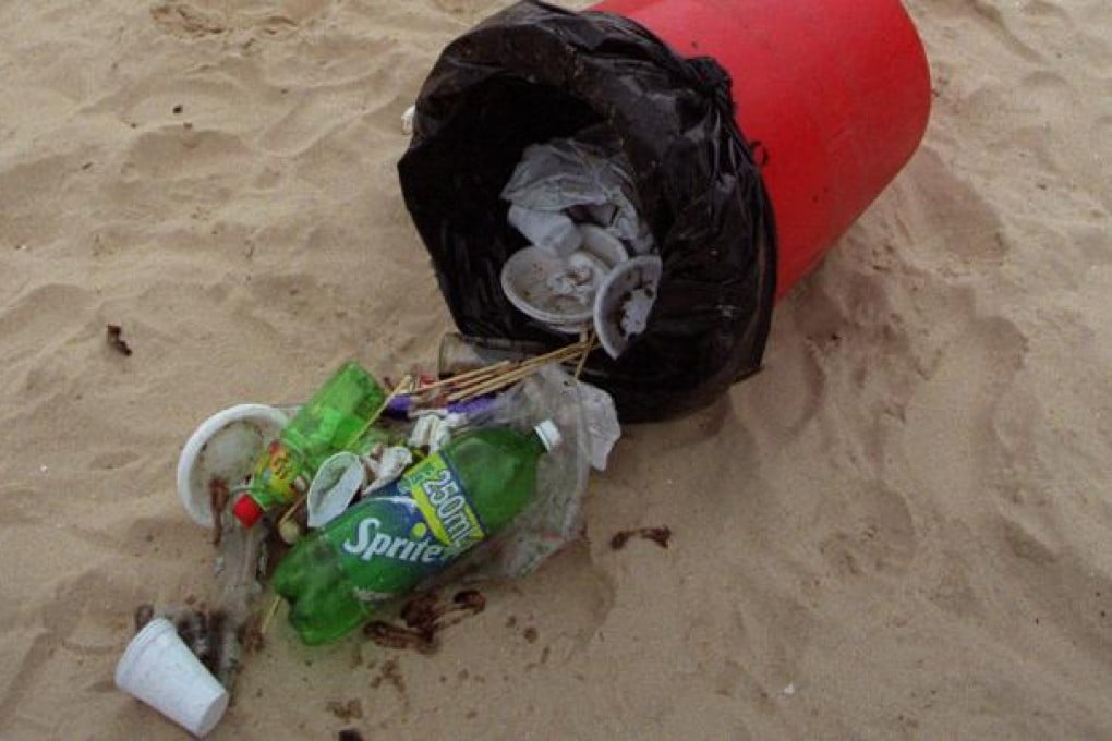 Rubbish strew from a fallen garbage bin on Shek O Beach after the New Year. Photo: Antony Dickson