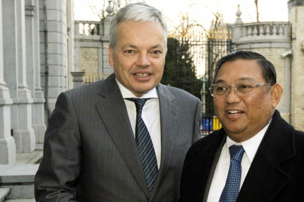 Belgian Vice-Prime minister Didier Reynders (left) meets Myanmar Foreign minister U Wunna Maung Lwin prior to a meeting at the Palais Egmont in Brussels. Photo: AFP