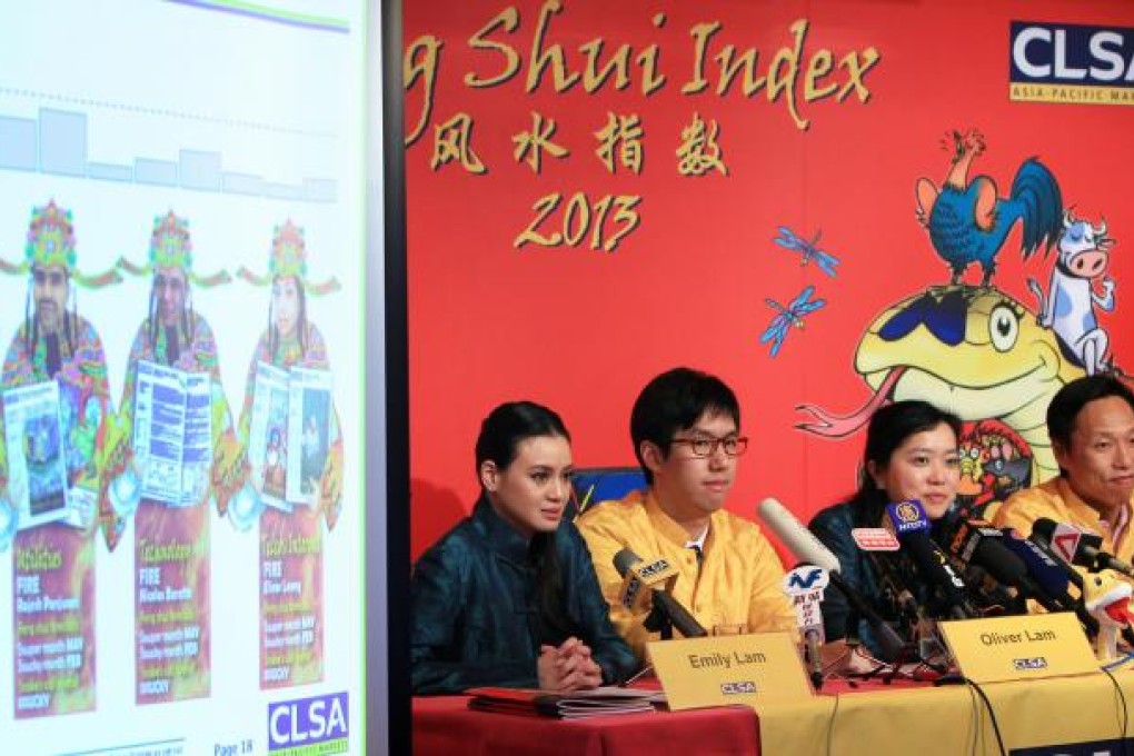 Snake years usually spell gloom for the Hang Seng Index, but broker CLSA predicted yesterday that this year could be different. Its fung shui team (from left) Emily Lam, Oliver Lam, Mariana Kou, and Francis Cheung, said the local benchmark would continue climbing until early August, then slump and fluctuate before bouncing back next year. Photo: Jonathan Wong
