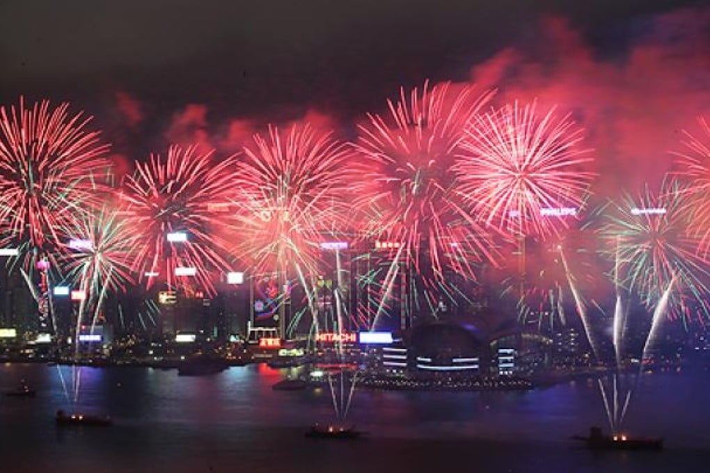 Lunar New Year fireworks, celebrating the Year of the Snake, seen from Harbour City, Tsim Sha Tsu, light up Victoria Harbour on Monday. Photo: Nora Tam