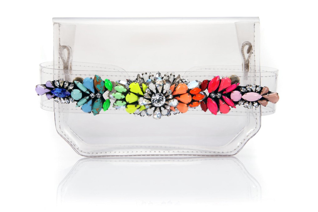 Mix two of the season's hottest trends - florals and plastic - with this futuristic, feminine PVC bag decorated with floral crystal embellishments (HK$7,990) by Shourouk from Harvey Nichols.