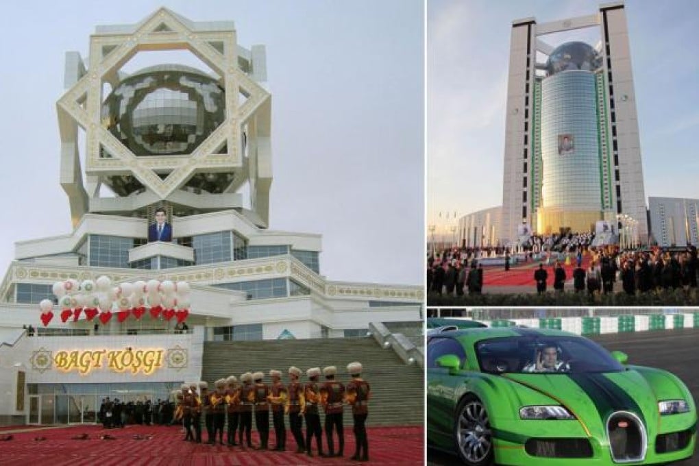 Inauguration ceremonies for the Palace of Happiness (left) and a public building built by the Bouygues group (top right); and President Berdymukhamedov in a sports car. Photos: AFP, AP