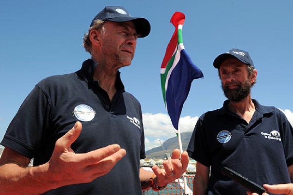 Explorers Sir Ranulph Fiennes (left) and Anton Bowring talk to journalists in Cape Town. Photo: AFP