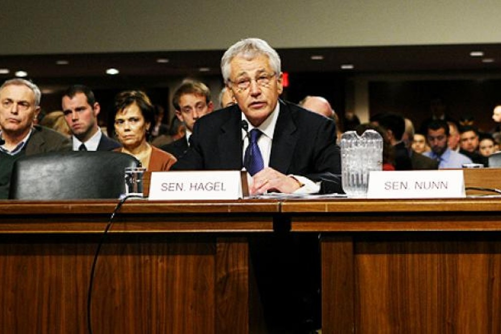 Former US senator Chuck Hagel testifies at a hearing in Washington. He was confirmed 53-41. Photo: Xinhua