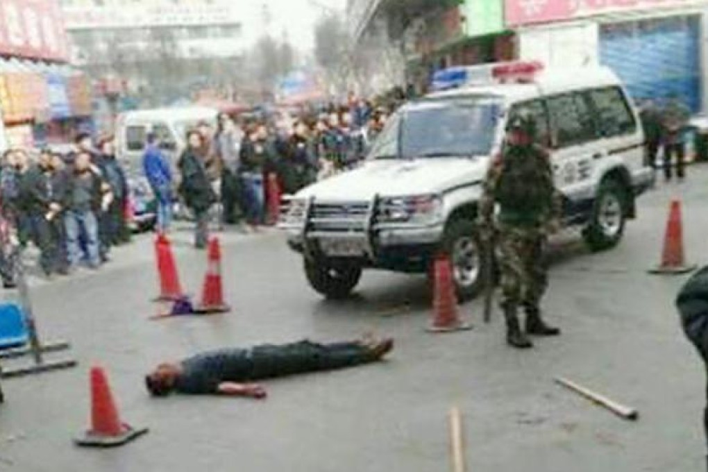 Unverified online pictures of the crime scene in Korla, Xinjiang.