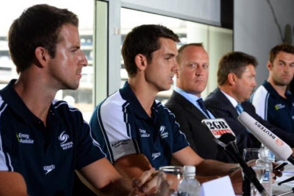 Australian swimmers Eamon Sullivan (2nd left), James Magnussen (left) and other members of Australia's much-hyped men's Olympic swim relay team. Photo: AFP
