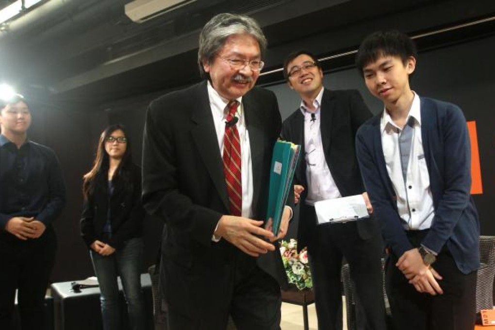 John Tsang Chun-wah was well prepared but was caught off-guard by some curly questions from students. Photo: Sam Tsang