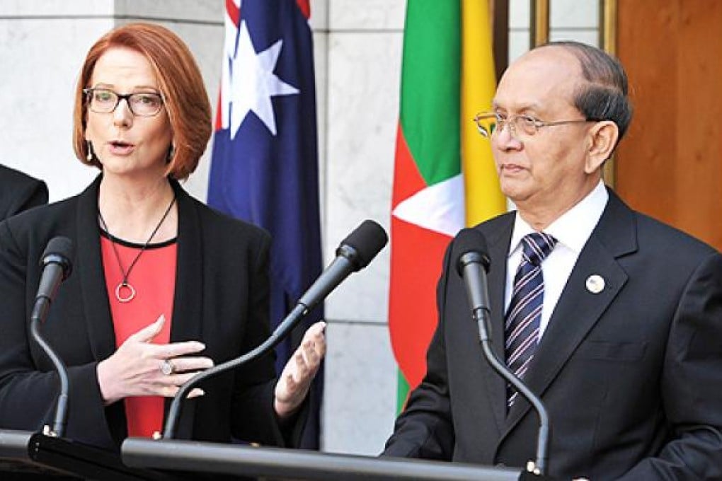 Prime Minister Julia Gillard (left) and the President of Myanmar Thein Sein speak to the press at Parliament House in Canberra on Monday. Photo: AFP