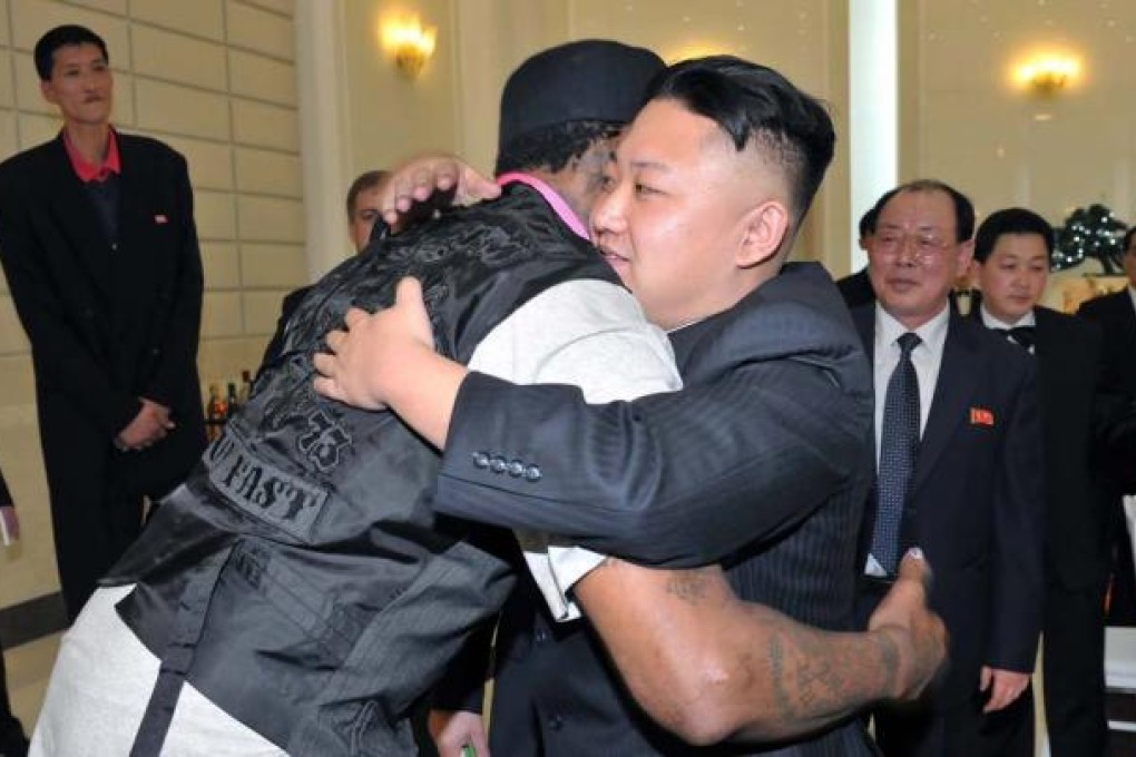 North Korean leader Kim Jong-Un hugs former NBA player Dennis Rodman. Photo: EPA