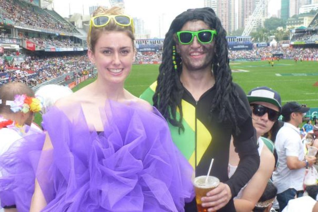 Rebecca Marriot and Will are all dressed up, fulfilling a long-held dream to be at the Sevens. Photo: SCMP