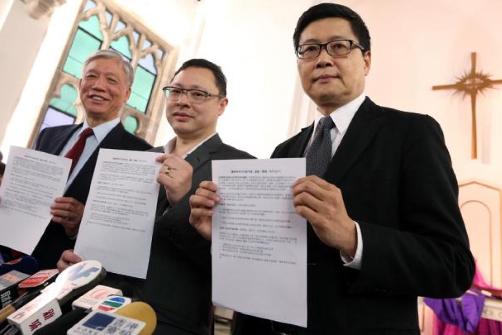 (Left to right) Chu Yiu-ming, Benny Tai Yiu-ting and Chan Kin-man meet the media to announce the arrangements of "Occupy Central" aiming at achieving universal suffrage. Photo: Sam Tsang
