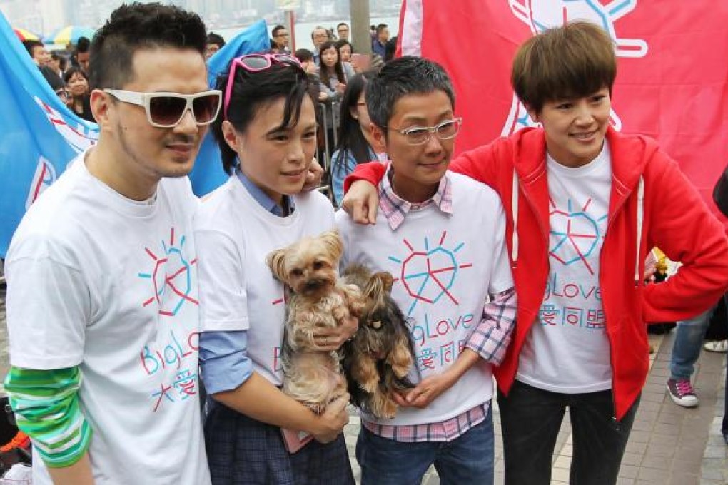 From left, singer Anthony Wong, Gigi Chao, Sean Eav and Denise Ho attend the Big Love Day concert outside the Cultural Centre in Tsim Sha Tsui. Photo: Nora Tam