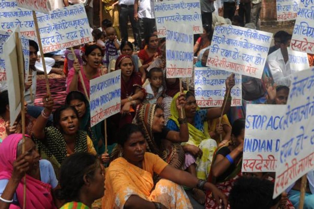 Swadeshi Jagran Manch activists demonstrate against multinational pharmaceutical company Novartis in New Delhi, last year. Photo: AFP