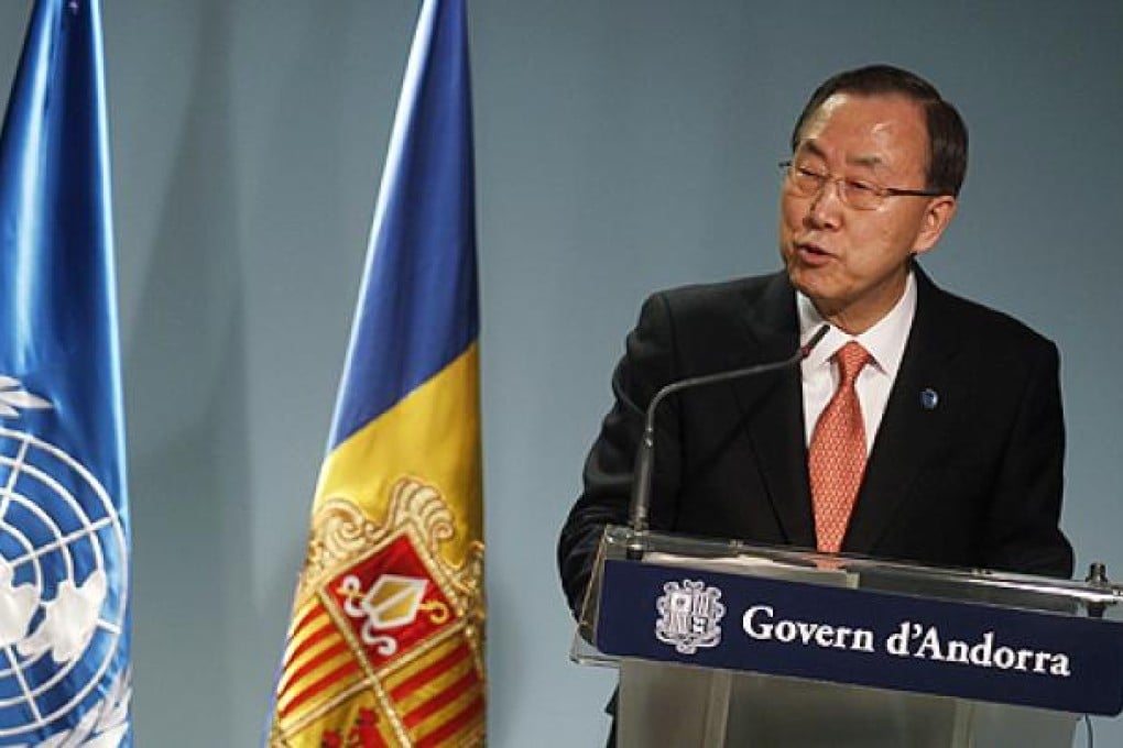 UN Secretary General Ban Ki-moon speaks during a news conference in Andorra, on Tuesday. Photo: Reuters