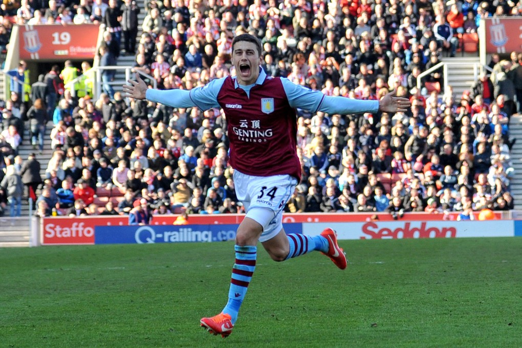 Aston Villa's Mattew Lowton celebrates after scoring the team's second goal against Stoke on Saturday. Photo: AP