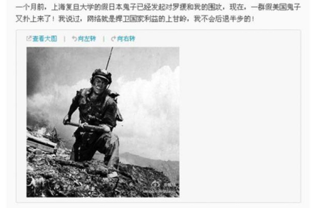 In response to the backlash, Dai Xu posted: "Now, a group of fake American devils are attacking me", accompanied by a photo of a soldier in attack mode. Photo: SCMP Pictures
