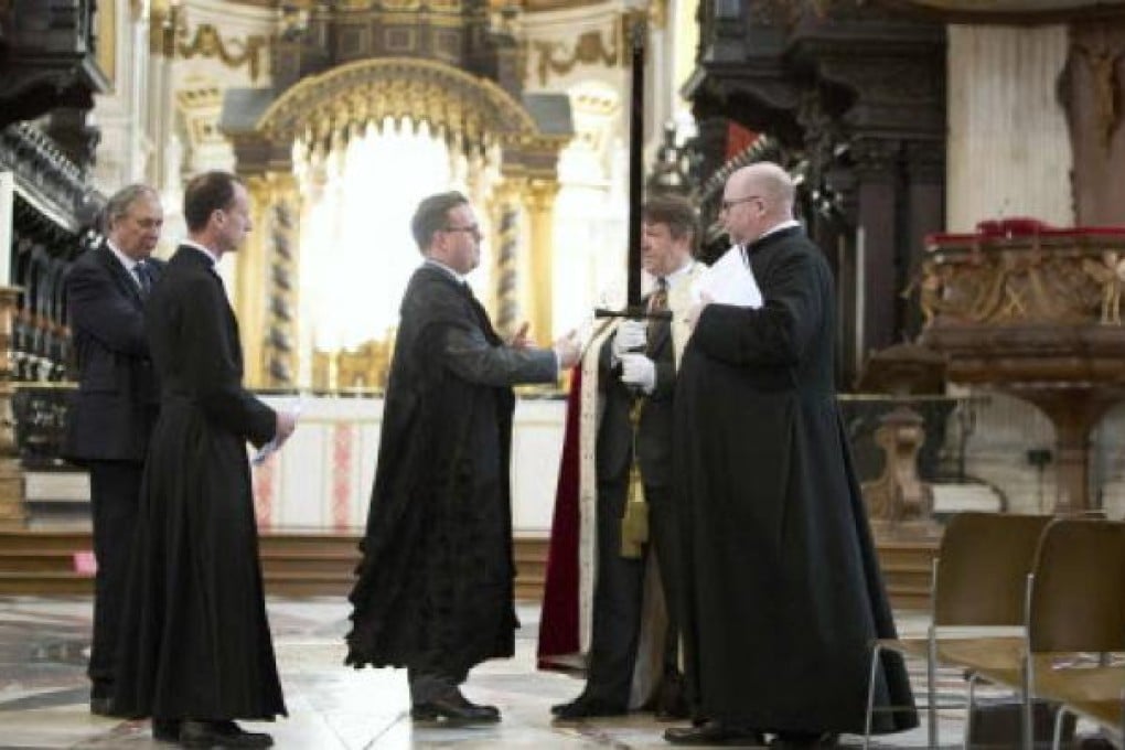The Lord Mayor of London, Roger Gifford, rehearses on Monday for the funeral of former British prime minister Margaret Thatcher, at St. Paul's Cathedral in the City of London. Photo: Reuters
